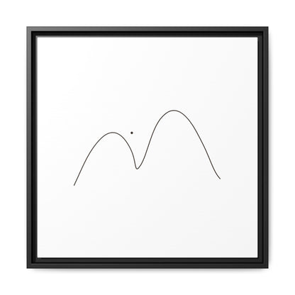 Minimalist mountain line art on framed matte canvas by Printify, showcasing simple black mountain peaks on a white background.