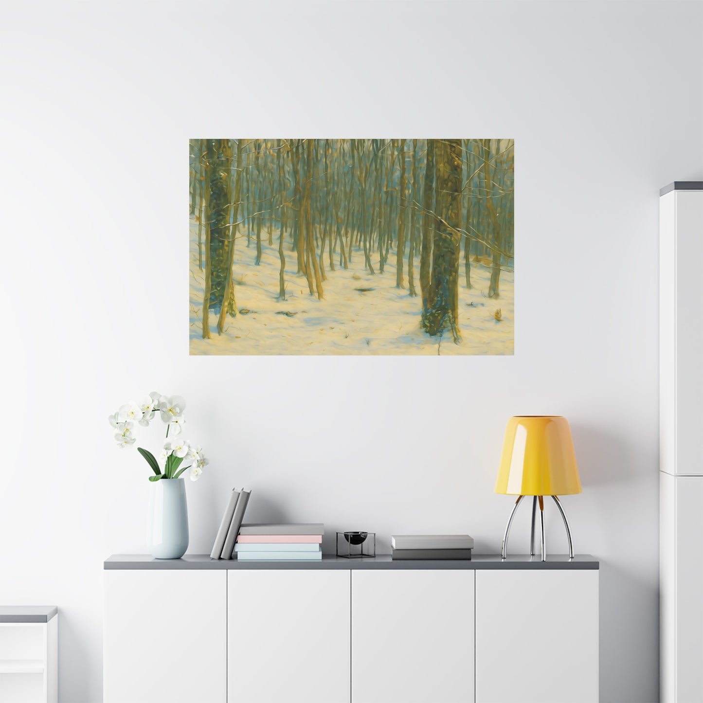 Snowy winter forest scene on a stretched matte canvas print by Printify, featuring snow-covered trees and a serene winter landscape.