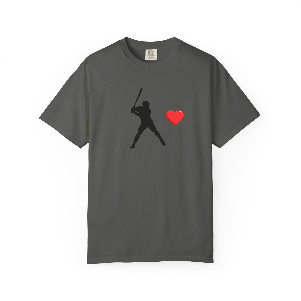 Black baseball batter heart T-shirt by Printify featuring a graphic of a baseball player swinging a bat.