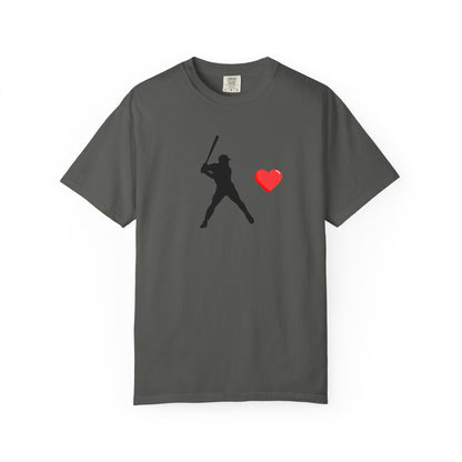 Black baseball batter heart T-shirt by Printify featuring a graphic of a baseball player swinging a bat.