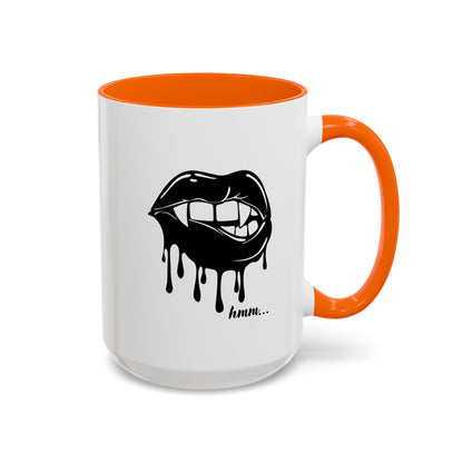 Black ceramic coffee mug with dripping lips bite graphic, 11oz or 15oz size, featuring a bold, artistic design.