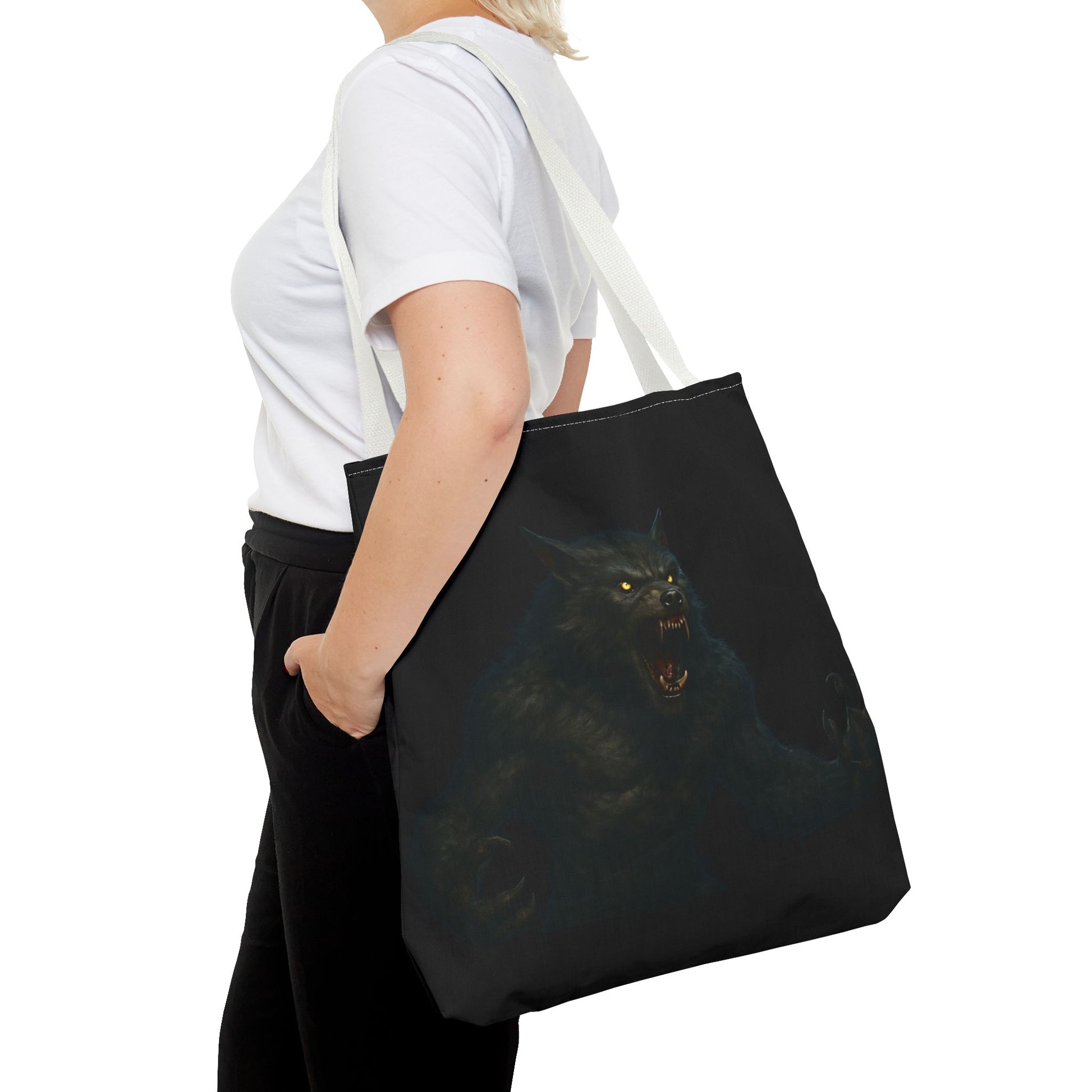 Werewolf tote bag featuring dark Halloween art, ideal for horror fans, made by Printify, with a bold, spooky design.