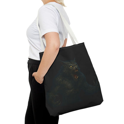 Werewolf tote bag featuring dark Halloween art, ideal for horror fans, made by Printify, with a bold, spooky design.