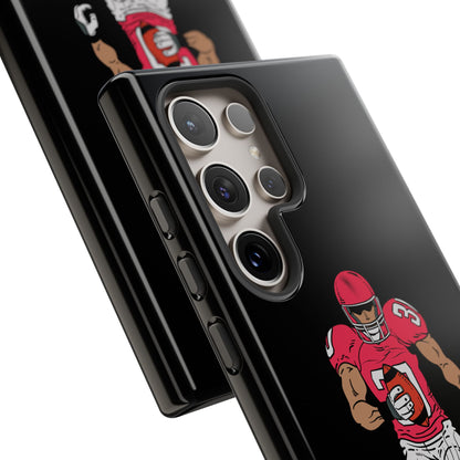 Black football player tough phone case for iPhone, durable protective sports design by Printify, featuring athletic action imagery.