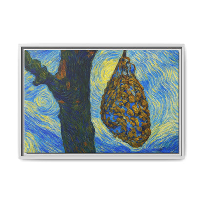 Framed matte canvas art of a starry nut cluster in a dried plum tree, printed by Printify, showcasing detailed natural scene.