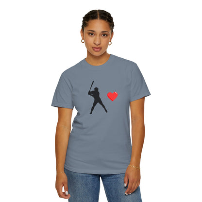 Light gray baseball batter heart T-shirt by Printify featuring a graphic of a batter with a heart-shaped bat on the front.