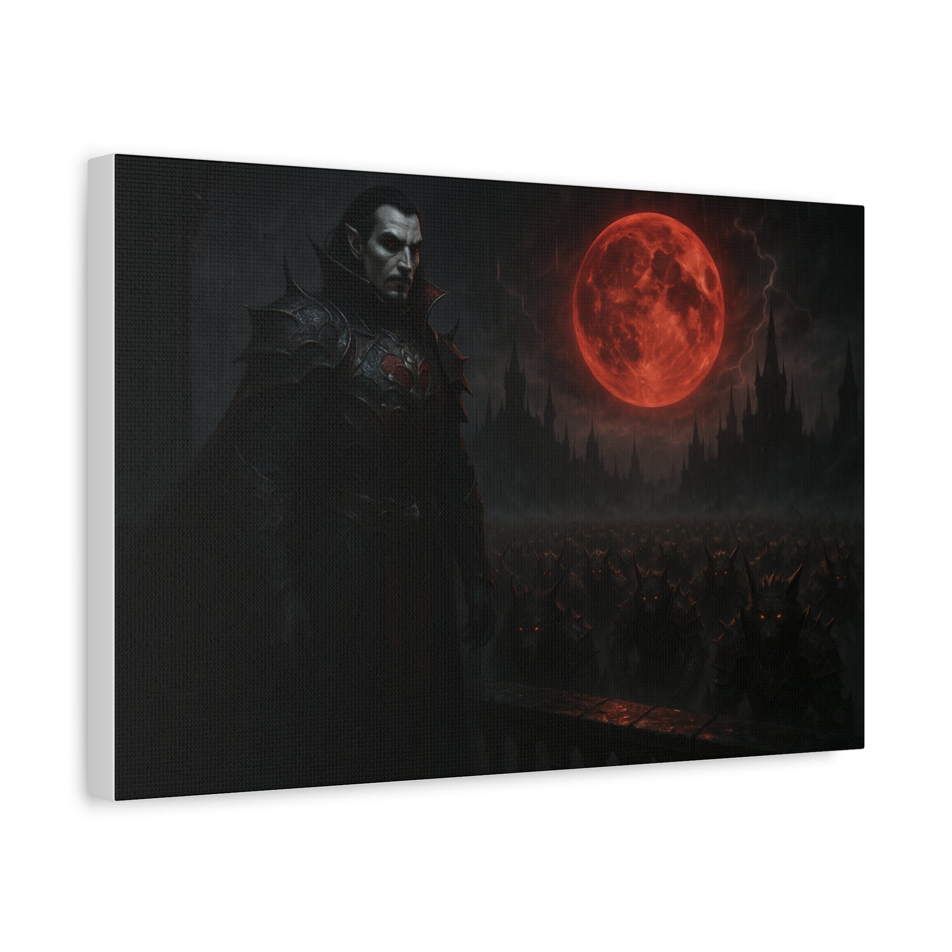 Red moon vampire lord matte canvas print showcasing dark, gothic artwork on high-quality canvas by Printify.