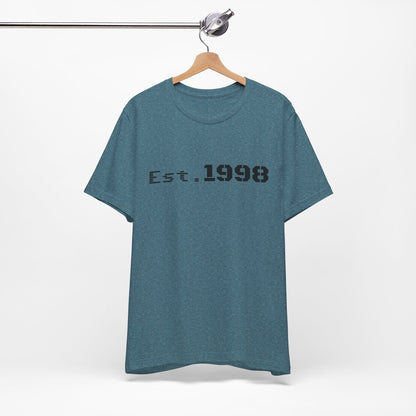 Vintage Est. 1998 T-shirt by Printify featuring a bold graphic design celebrating the year born.