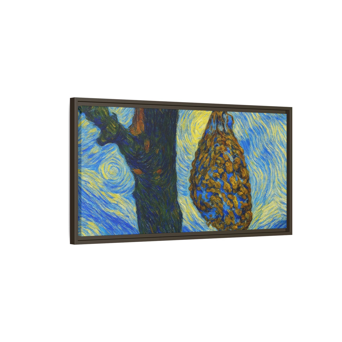 Framed matte canvas art of a starry nut cluster with dried plum in a tree, by Printify, displayed on a white wall.