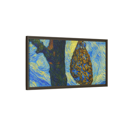 Framed matte canvas art of a starry nut cluster with dried plum in a tree, by Printify, displayed on a white wall.