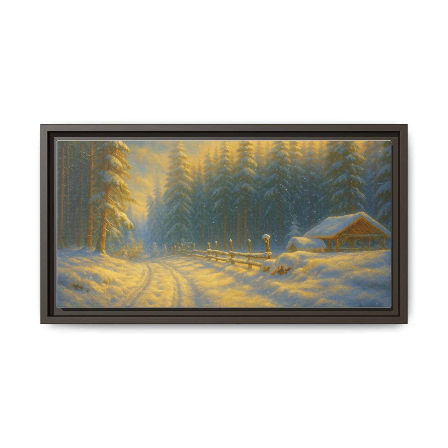 Framed winter cabin canvas print featuring a snowy forest sunset, wall art by Printify showcasing a peaceful winter scene.