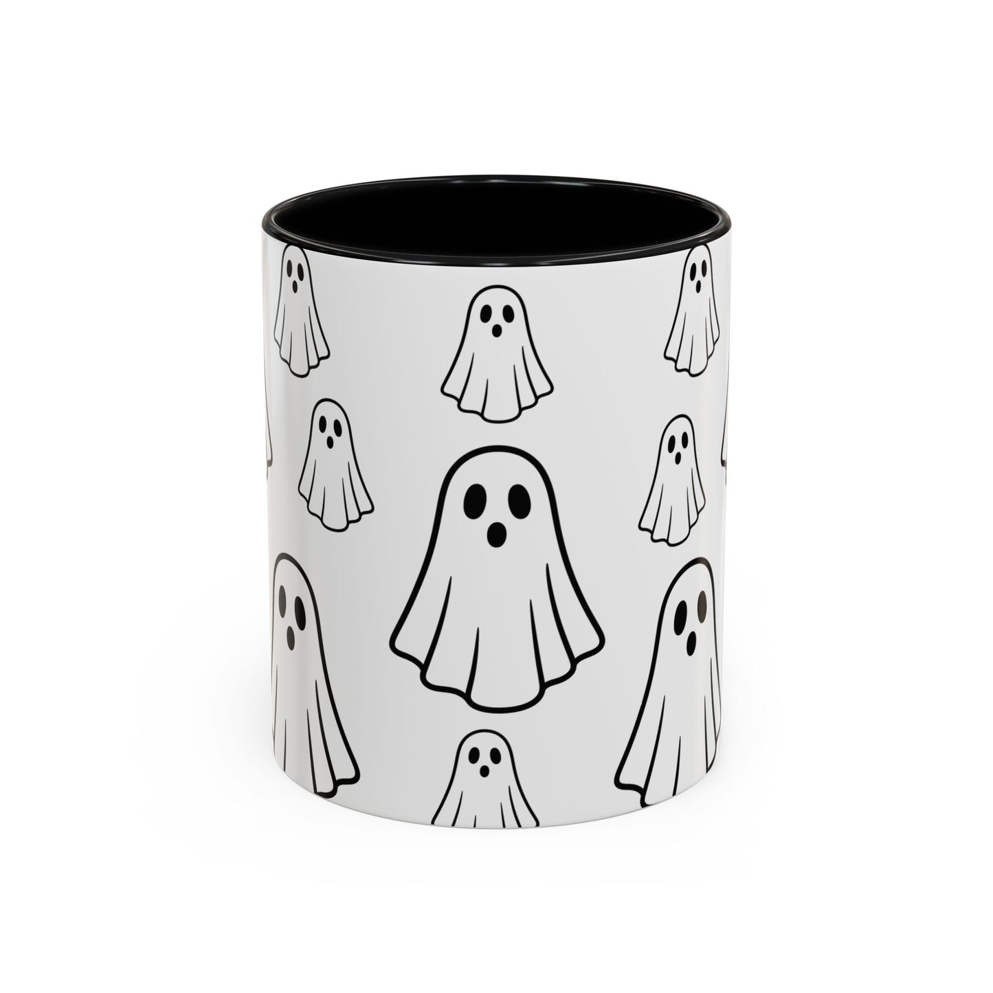 Printify ghost pattern ceramic coffee mug with Halloween-themed ghost design in 11oz and 15oz sizes.