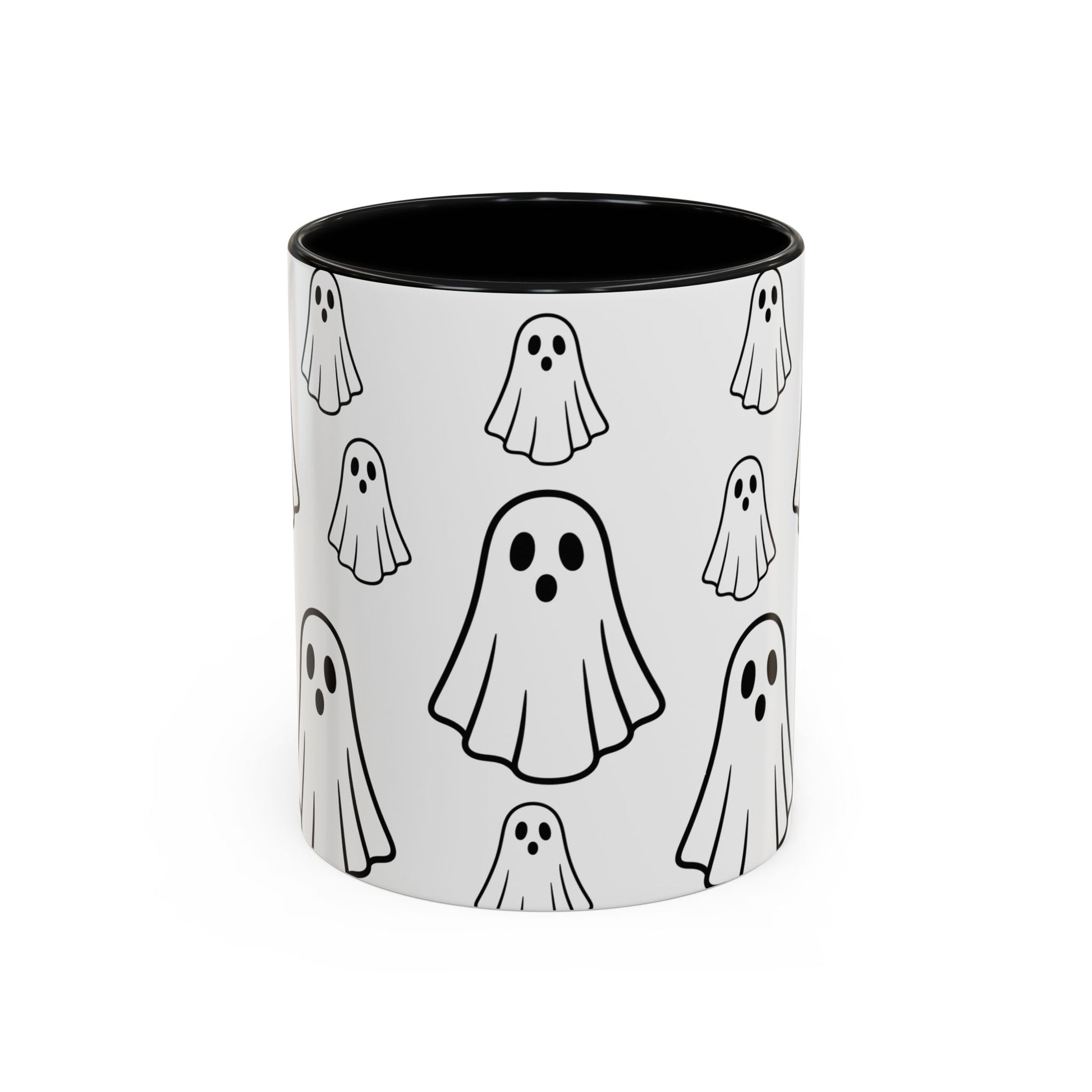 Printify ghost pattern ceramic coffee mug with Halloween-themed ghost design in 11oz and 15oz sizes.