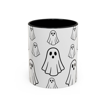 Printify ghost pattern ceramic coffee mug with Halloween-themed ghost design in 11oz and 15oz sizes.