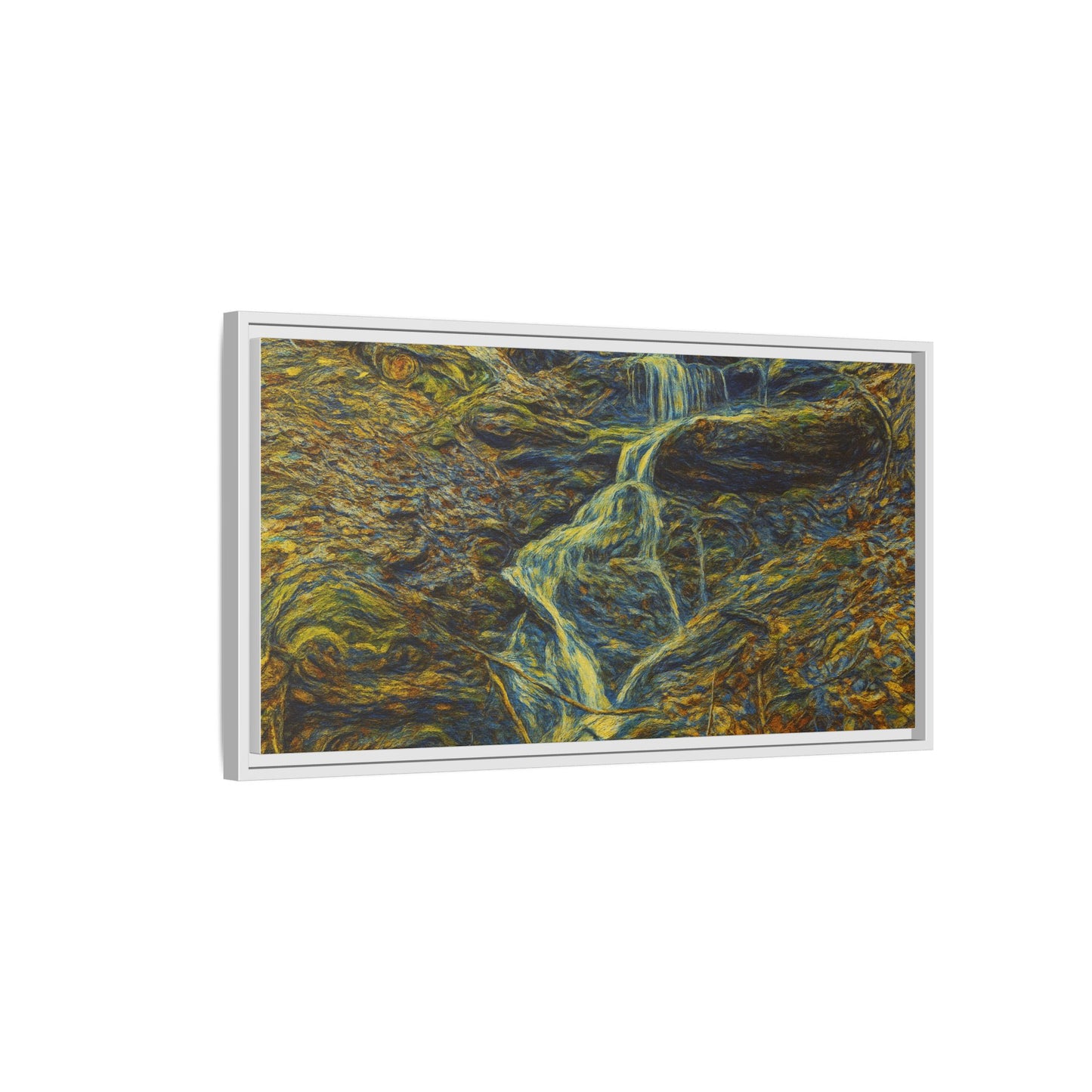 Framed matte canvas wall art of an autumn forest with a waterfall, showcasing vibrant fall foliage and natural scenery.