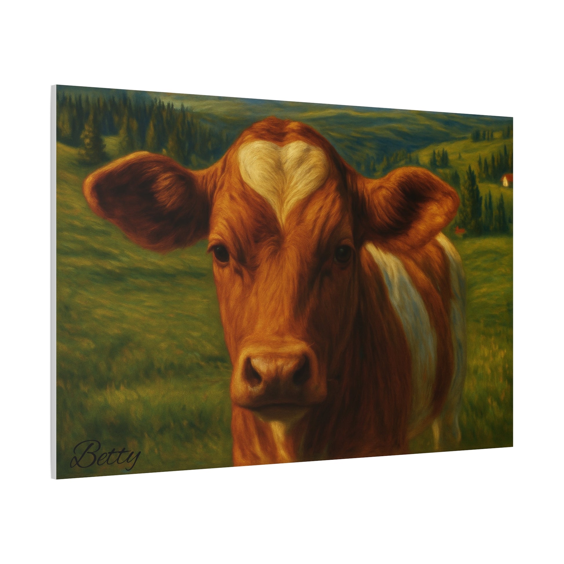 Canvas print of a cow portrait featuring a heart-shaped forehead, farm animal wall art by Printify.