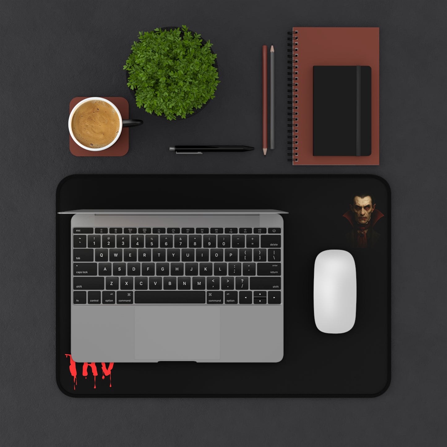 Vampire portrait desk mat featuring blood drip design, ideal for gaming or office setups, by Printify.