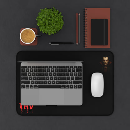 Vampire portrait desk mat featuring blood drip design, ideal for gaming or office setups, by Printify.