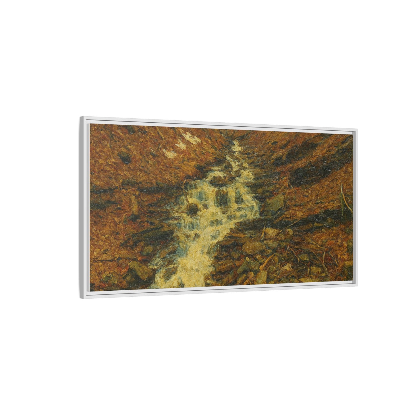 Framed matte canvas print of autumn stream landscape artwork by Printify, showcasing vibrant fall colors and natural scenery.