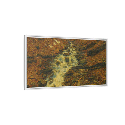Framed matte canvas print of autumn stream landscape artwork by Printify, showcasing vibrant fall colors and natural scenery.
