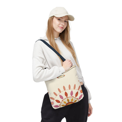 Boho floral mandala tote bag with pastel sunburst pattern, made by Printify, showcasing vibrant, artistic bag design.