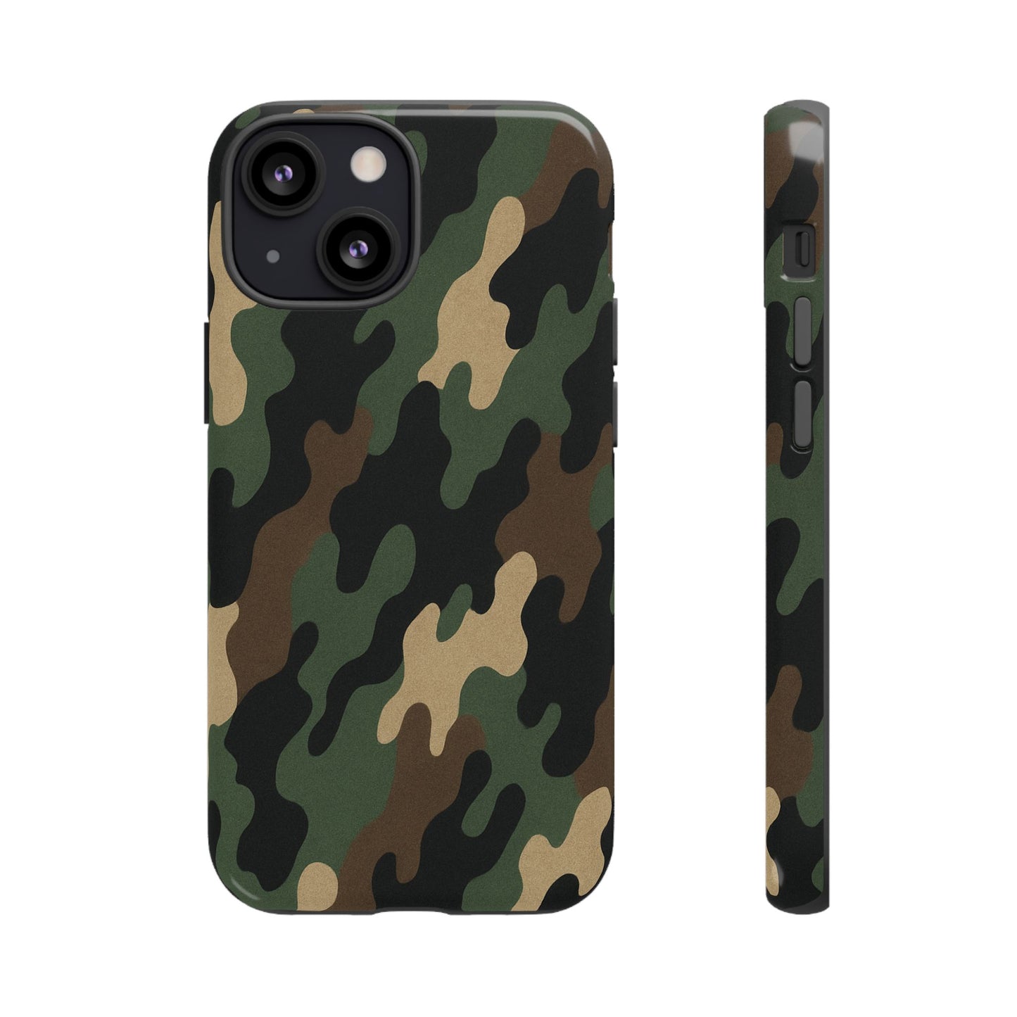 Camouflage tough phone case by Printify with rugged camo design for durable protection on a smartphone.