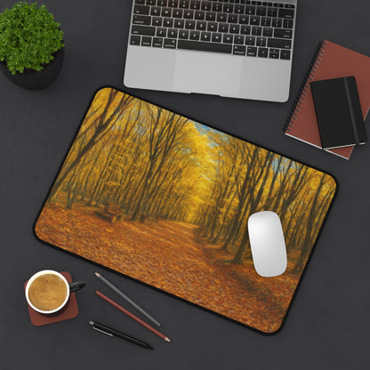 Autumn Forest Path desk mat with fall leaves scenic design, Printify mousepad for computer desk setup.