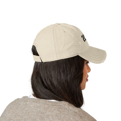 Vintage 2008 distressed dad hat with embroidered design, classic baseball cap style by Printify.