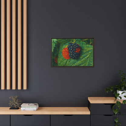 Blackberry still life framed canvas print by Printify showcasing realistic blackberries in a decorative art piece.