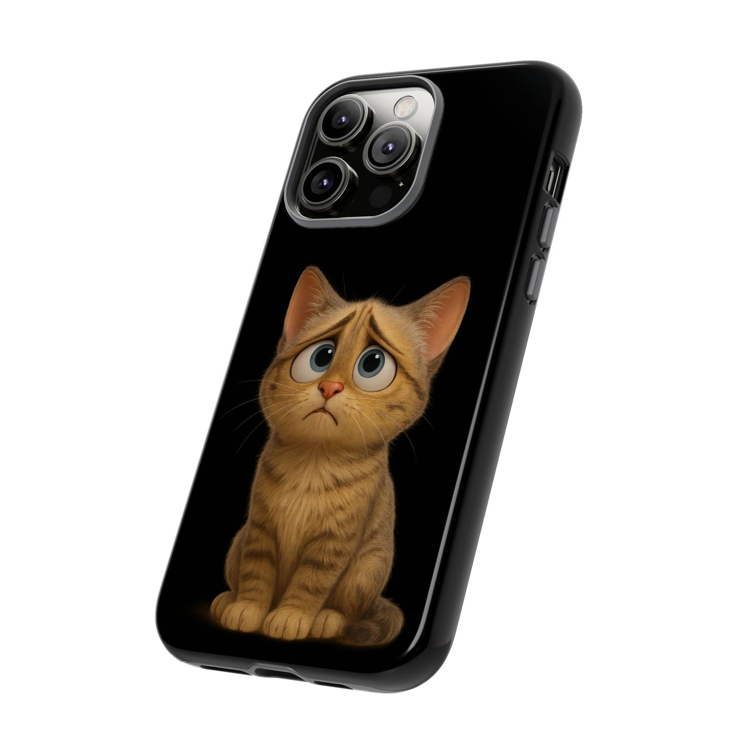 Cute sad kitty cat phone case for iPhone, protective Printify brand iPhone cover with adorable feline design.