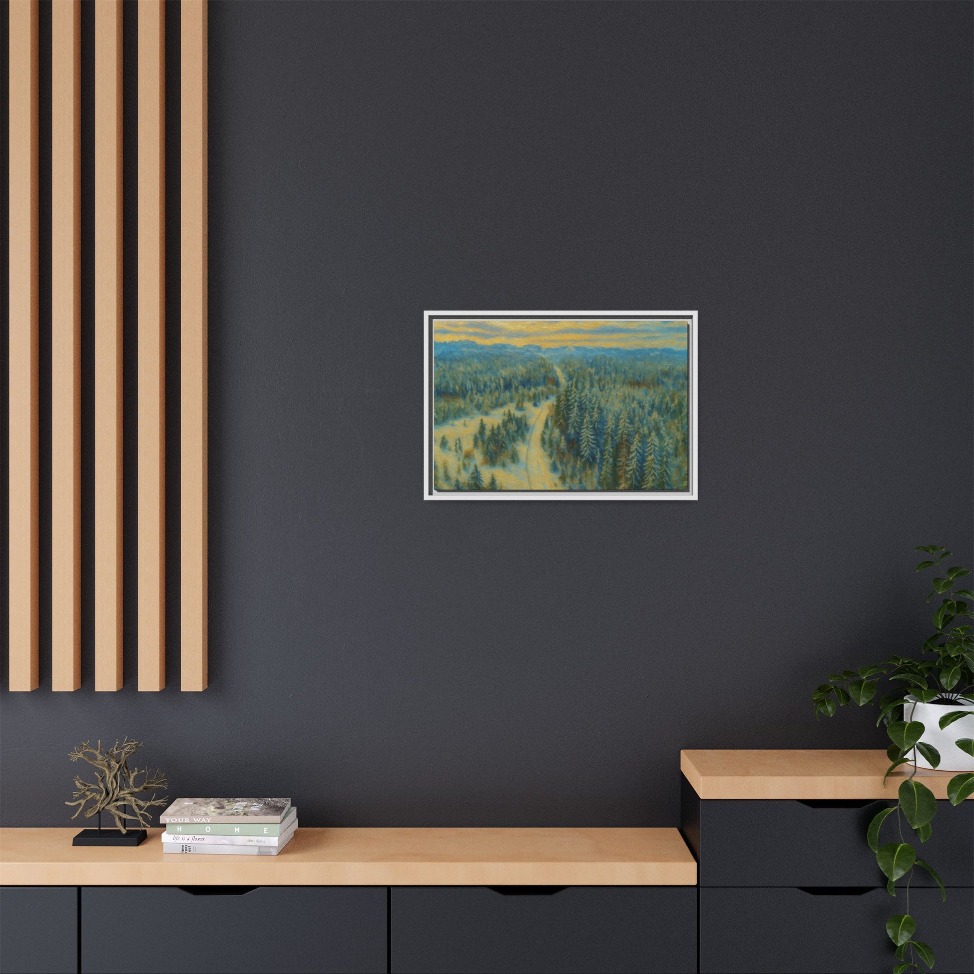 Framed matte canvas print of a serene winter forest landscape by Printify, showcasing snow-covered trees and peaceful scenery.