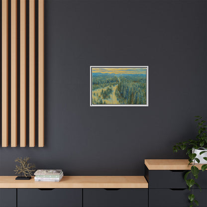 Framed matte canvas print of a serene winter forest landscape by Printify, showcasing snow-covered trees and peaceful scenery.