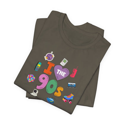 I  Love the 90's Short Sleeve Tee - Retro Graphic Tee, Vintage Style Shirt, Perfect for Casual Outings, 90s Nostalgia Apparel