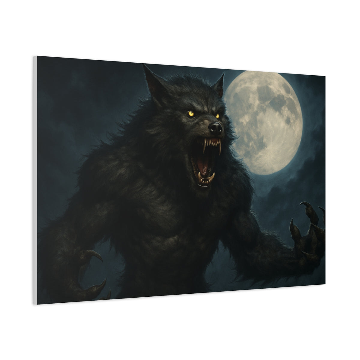 Spooky werewolf moon matte canvas print featuring a full moon, dark sky, and eerie night scene, ideal for Halloween wall decor.