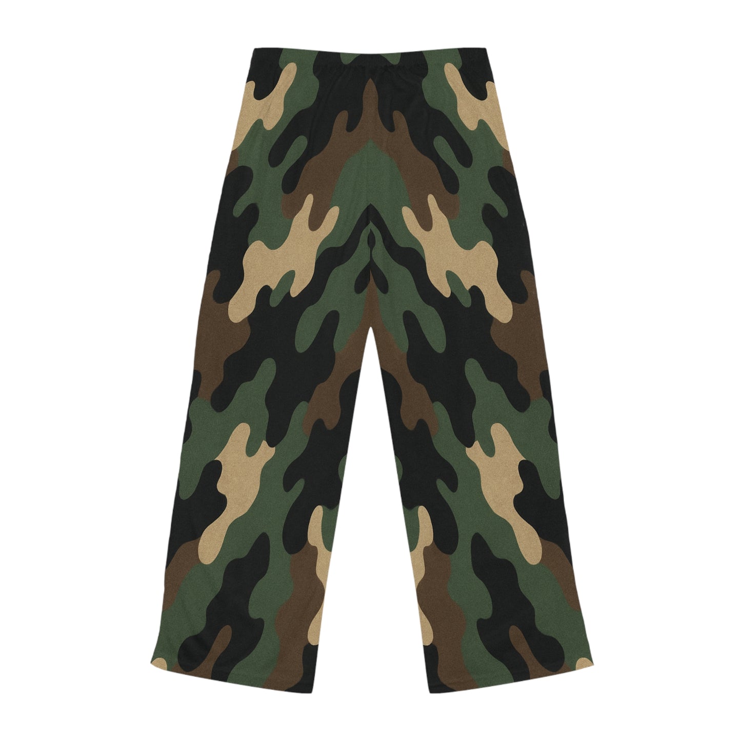 Women's camo print wide-leg lounge pajama pants, comfortable all-over print sleepwear by Printify, relaxed fit and cozy design