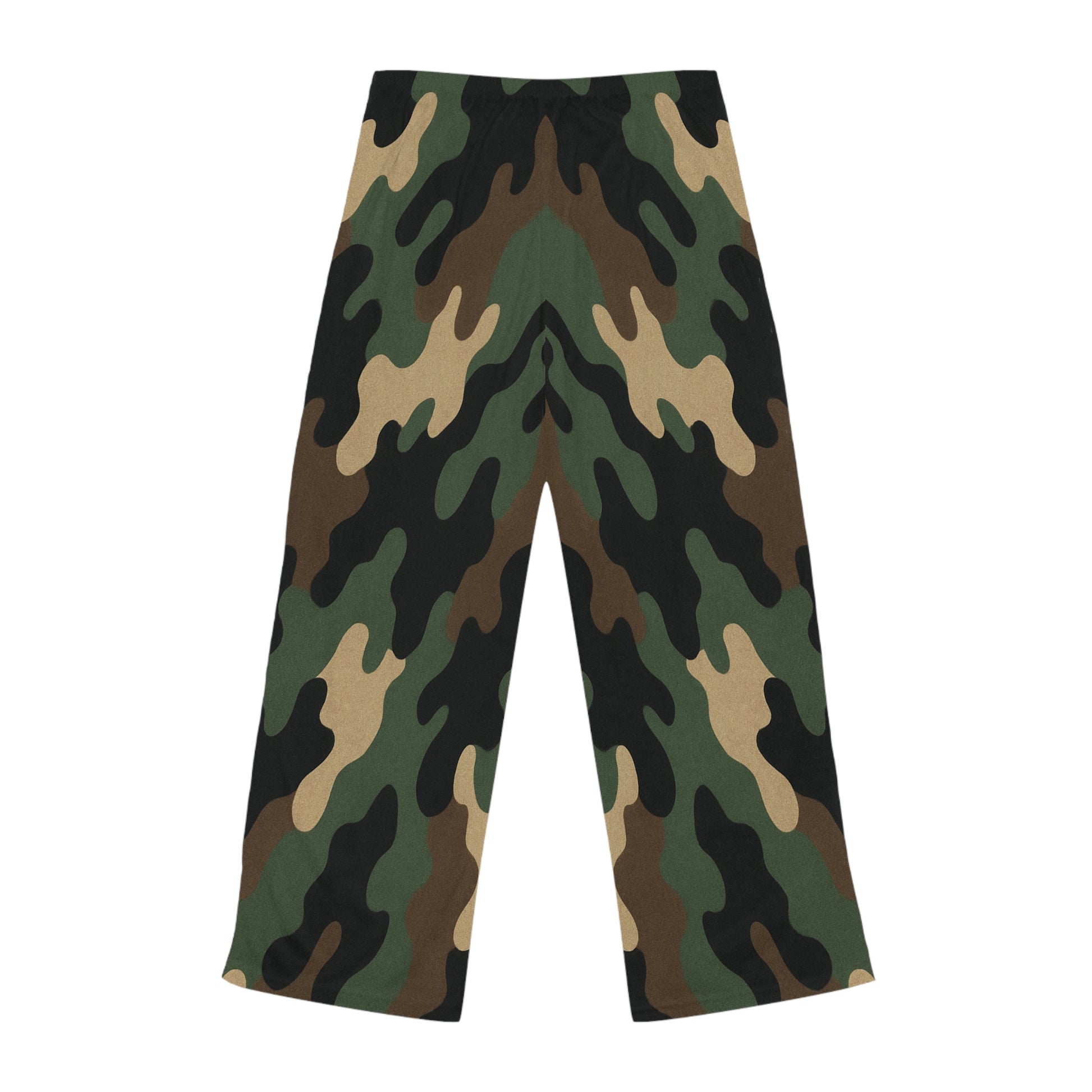 Women's camo print wide-leg lounge pajama pants, comfortable all-over print sleepwear by Printify, relaxed fit and cozy design