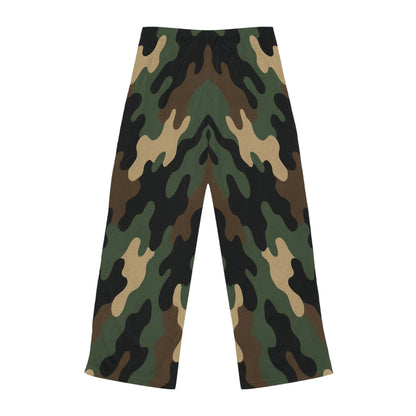Women's camo print wide-leg lounge pajama pants, comfortable all-over print sleepwear by Printify, relaxed fit and cozy design