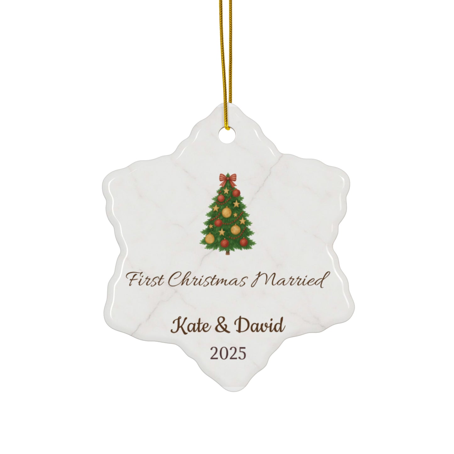 First Christmas married ceramic ornament with personalized names and year, featuring festive holiday design.