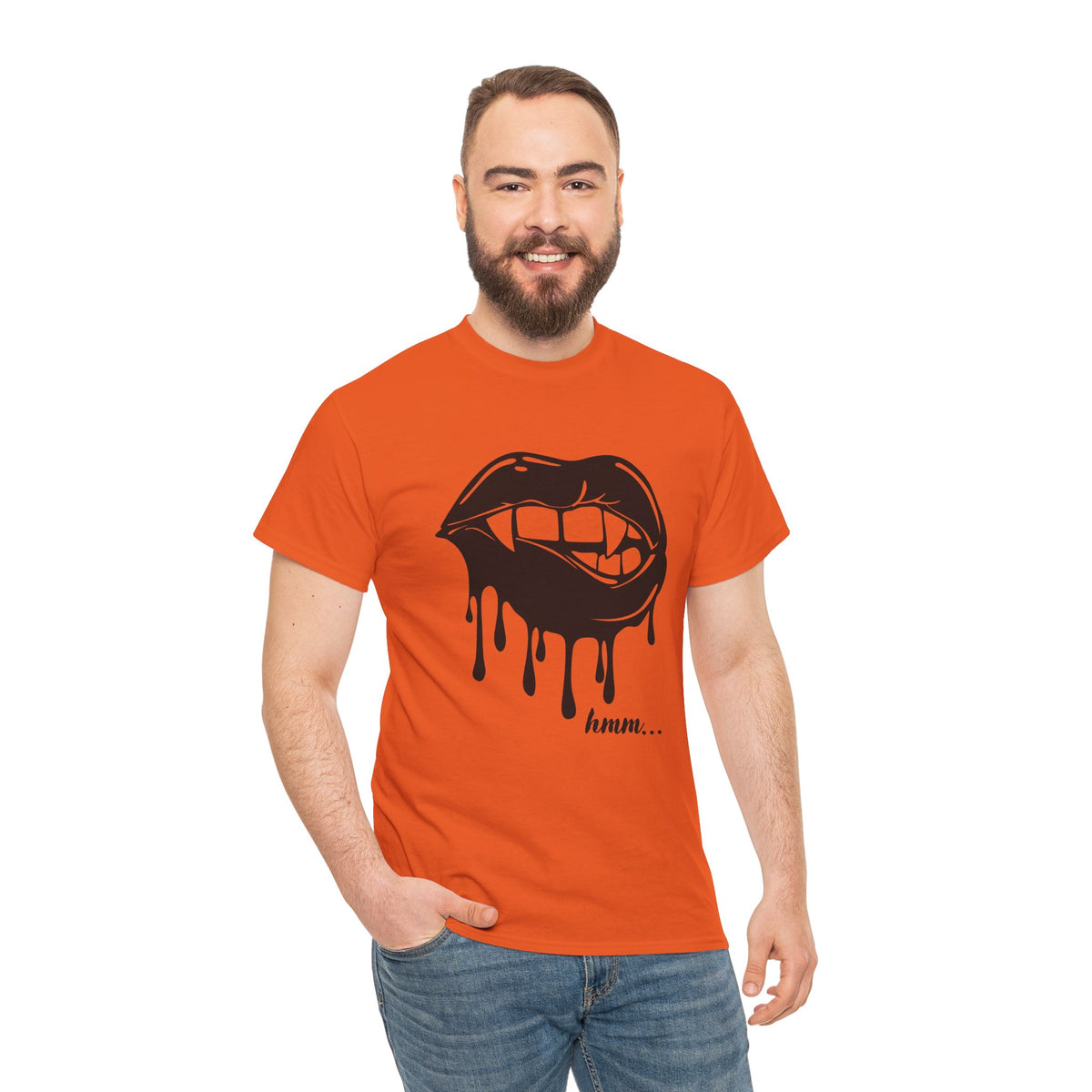 Black graphic T-shirt from Printify featuring a dripping lips 'hmm...' bite design on the front.