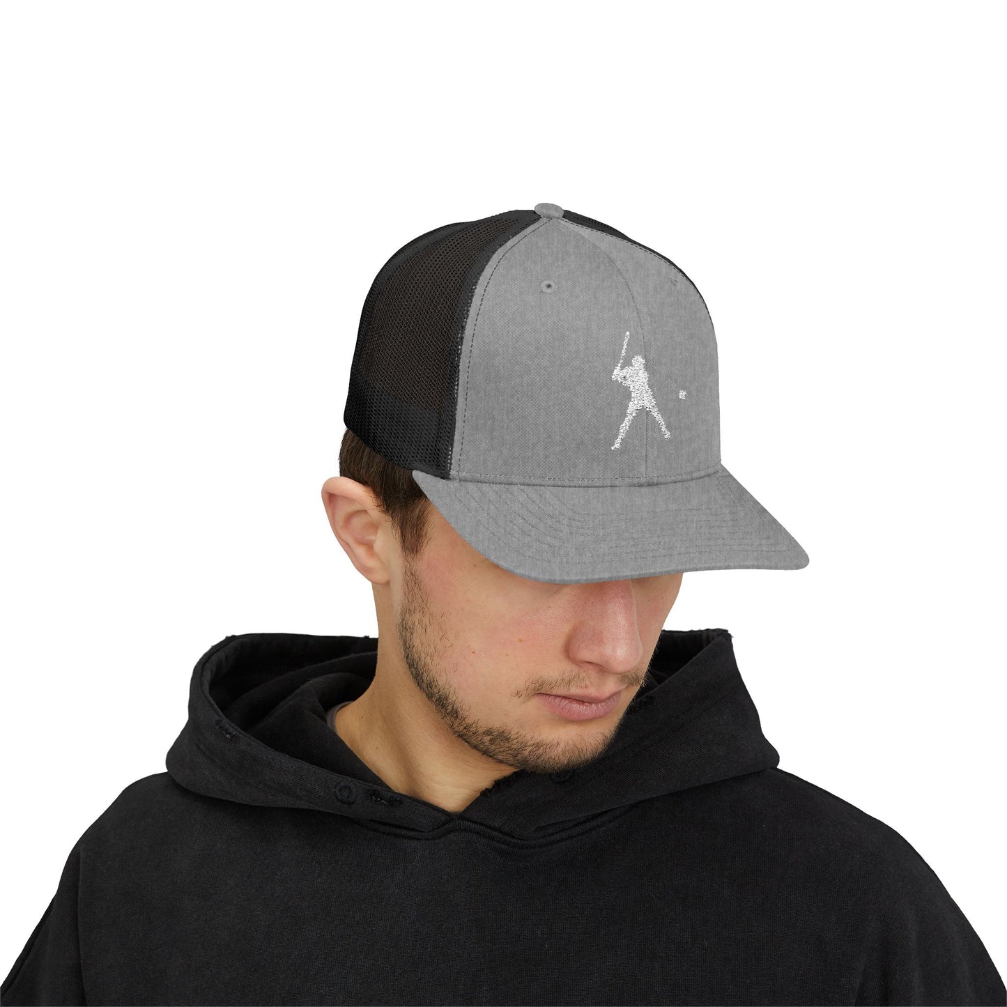 Vintage batter silhouette baseball snapback trucker hat by Printify, featuring classic design and breathable mesh panels.