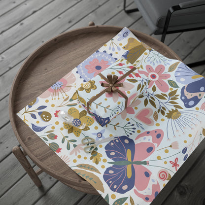 Floral Butterfly Wrapping Paper Roll — Elegant Blue & Gold Garden Gift Wrap