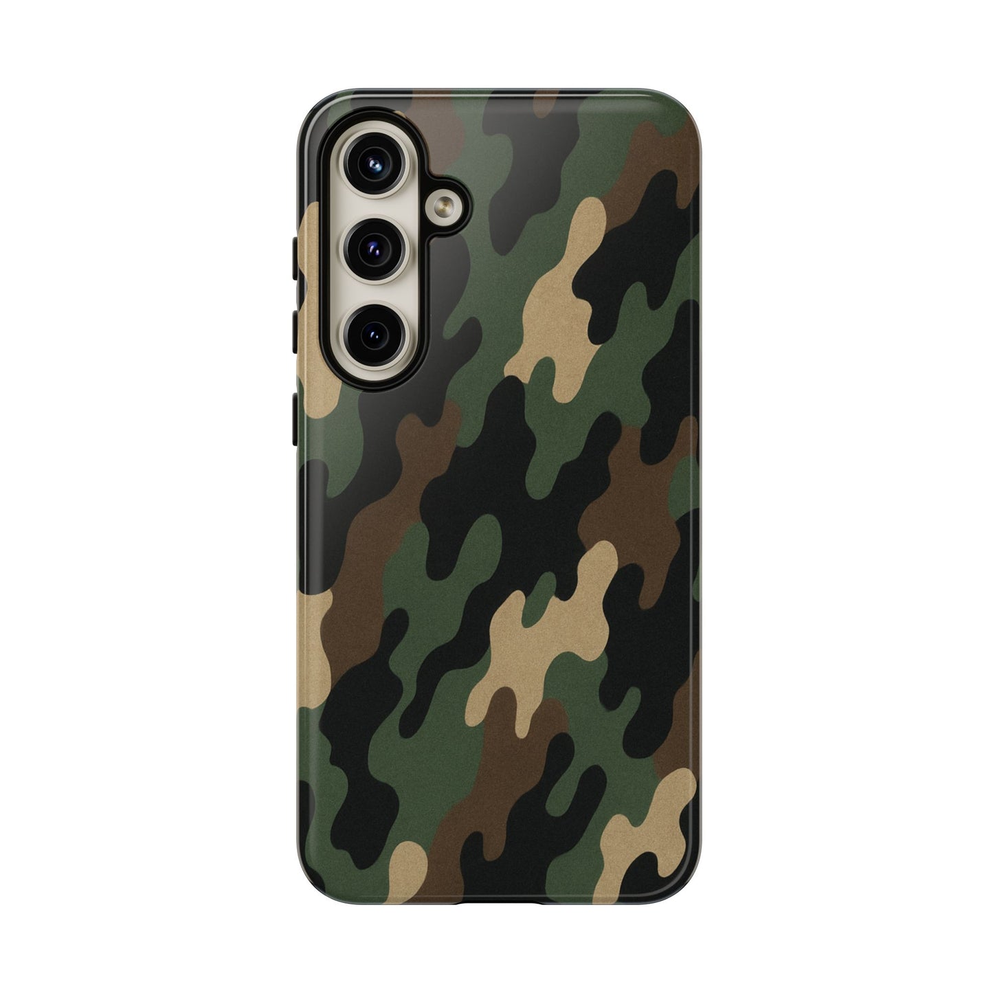 Camouflage tough phone case by Printify showing a rugged camo design, protective cover for a smartphone.