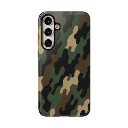 Camouflage tough phone case by Printify showing a rugged camo design, protective cover for a smartphone.