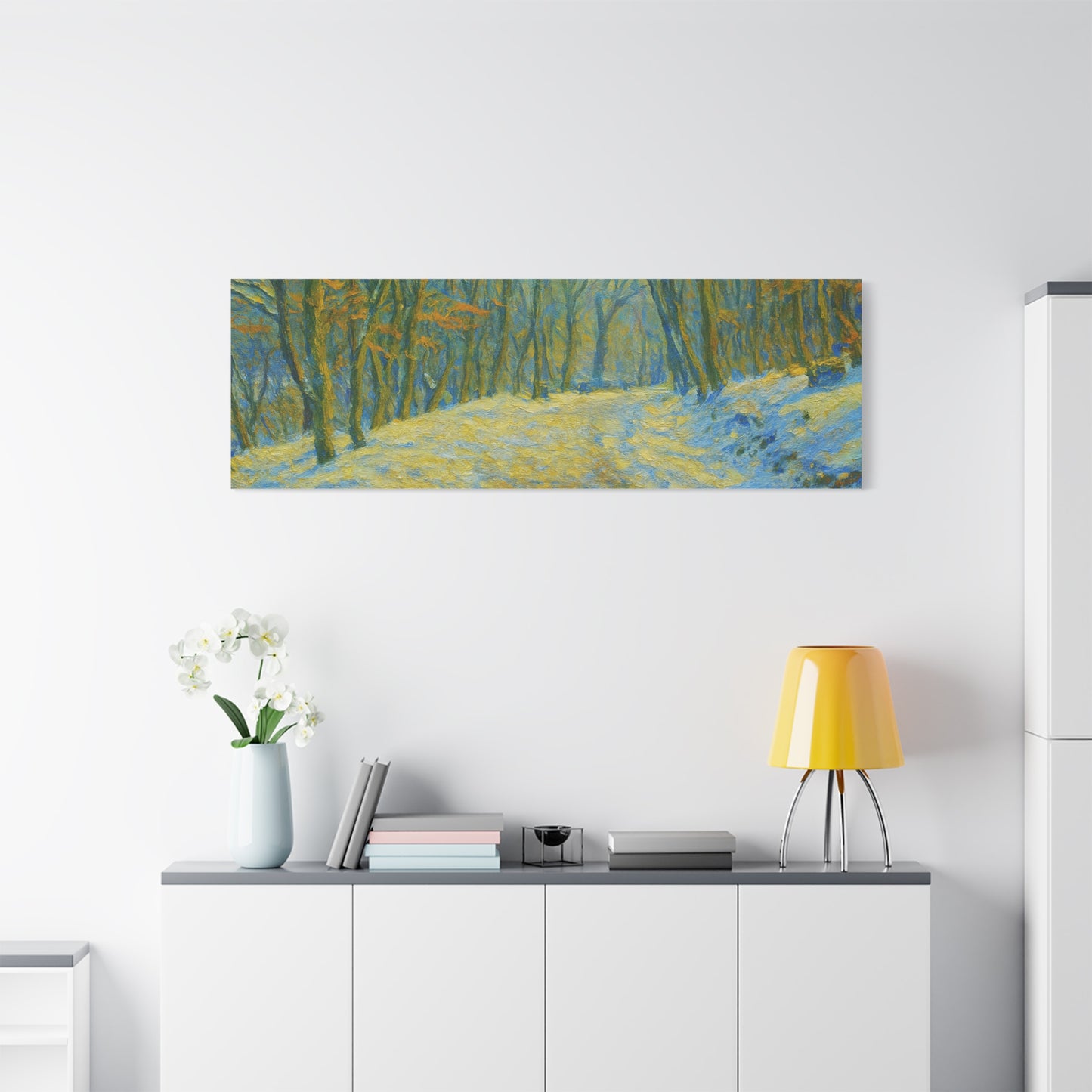 Winter landscape canvas wall art by Printify showing a cozy, snowy nature scene, perfect for living room decor.