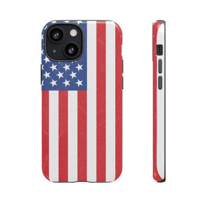 American flag tough phone case for iPhone and Samsung, patriotic protective cover with bold flag design by Printify
