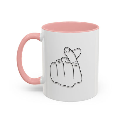 Minimal Korean finger heart accent mug by Printify, 11oz or 15oz ceramic coffee mug with simple design and clean finish.