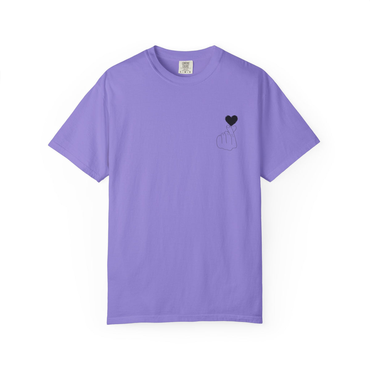 Black T-shirt with minimal black heart graphic, featuring a finger heart design, by Printify.