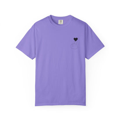 Black T-shirt with minimal black heart graphic, featuring a finger heart design, by Printify.