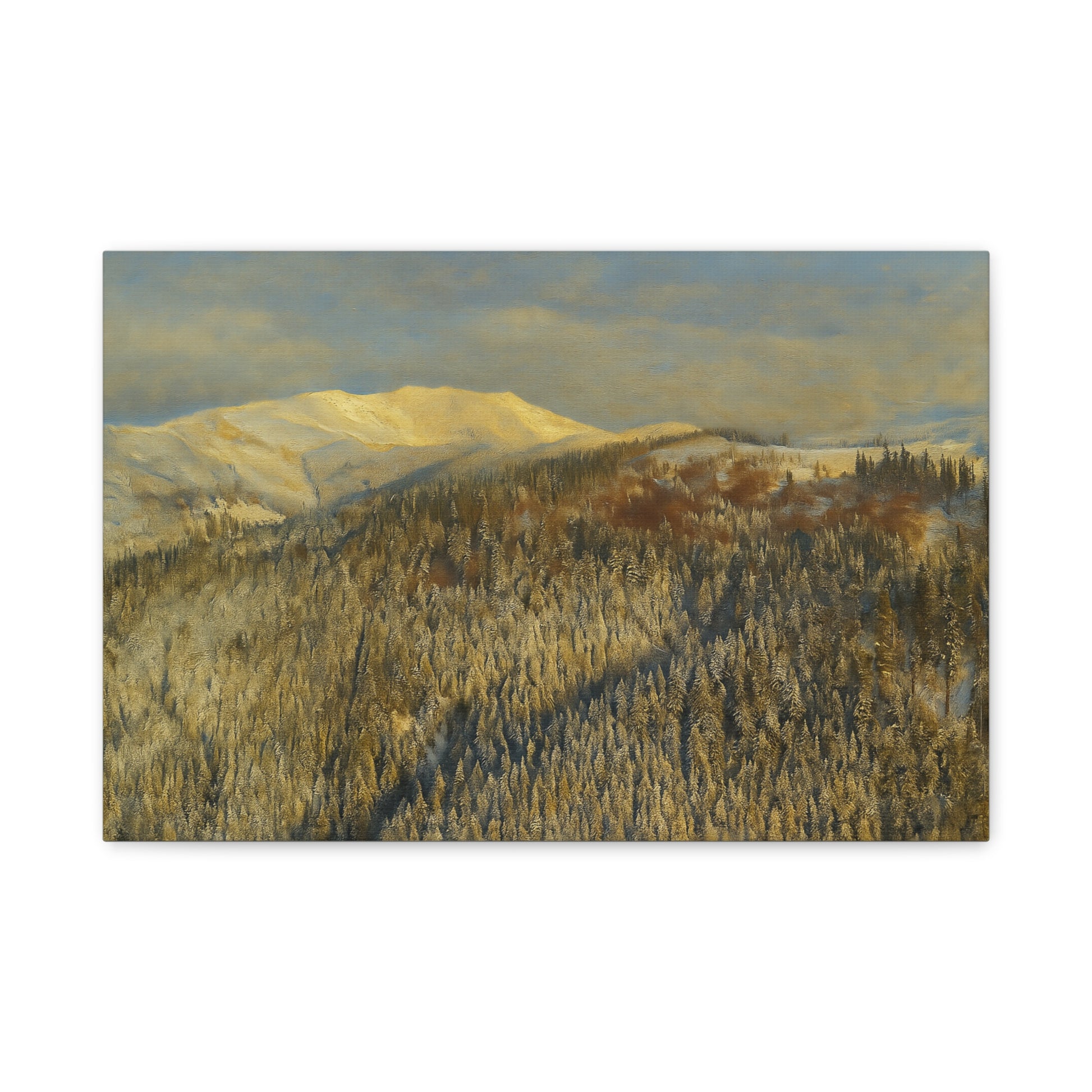 Winter mountain landscape matte canvas print by Printify, stretched 1.25 inches, showcasing snowy peaks and scenic mountain views.