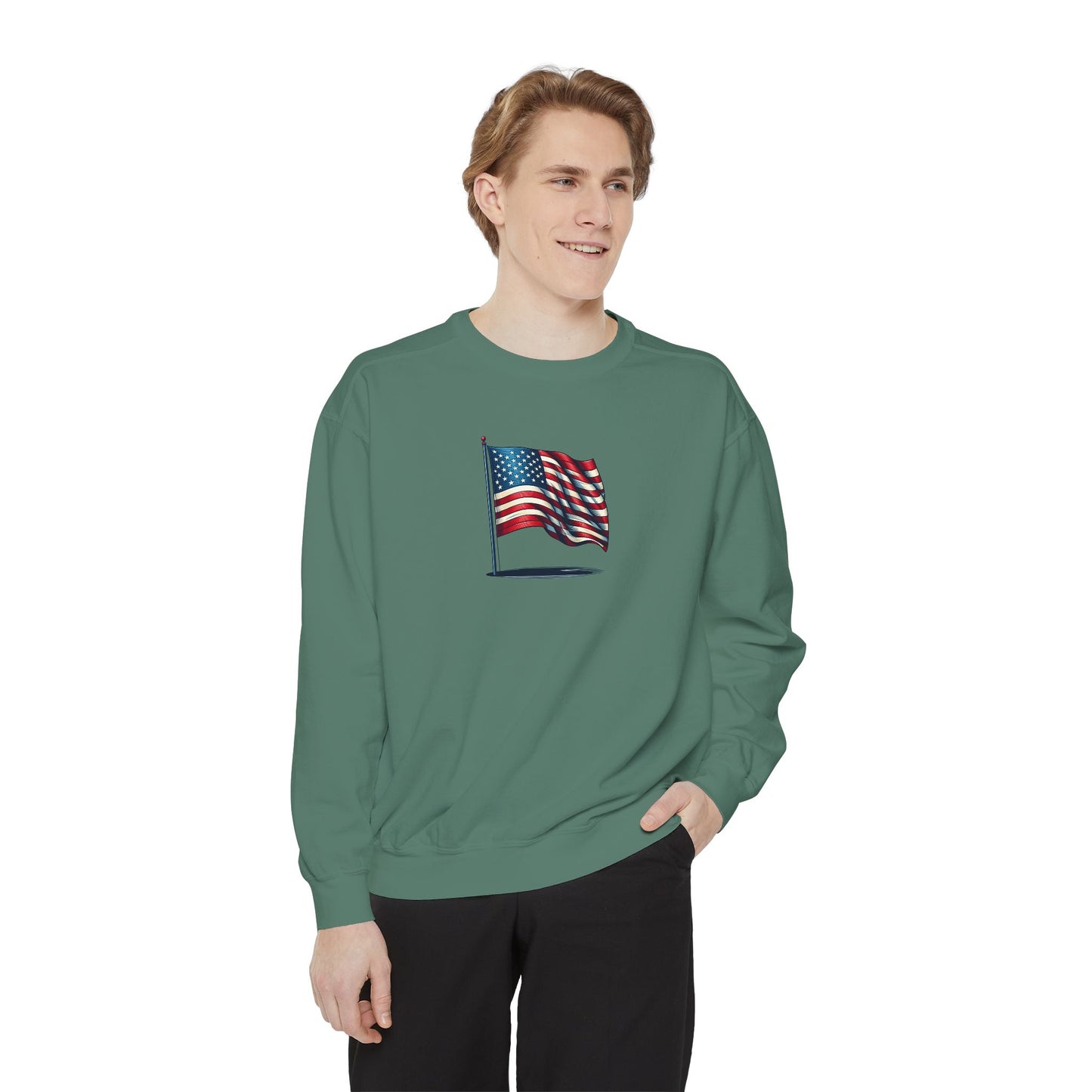 Patriotic Unisex Garment-Dyed Sweatshirt with Vintage American Flag, Cozy Fall Outfit, Statement Sweater, Gift for Veterans, Casual Fashion - TRV